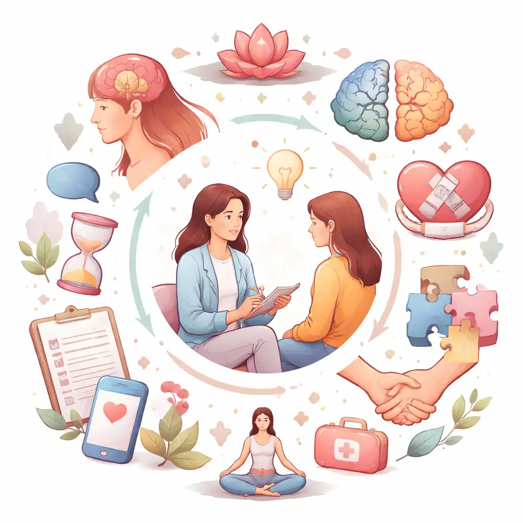 Illustration douce et colorée représentant la Thérapie Comportementale Dialectique : une thérapeute échange avec une patiente, entourées de symboles de régulation émotionnelle, de pleine conscience, de relations apaisées et d'équilibre intérieur.