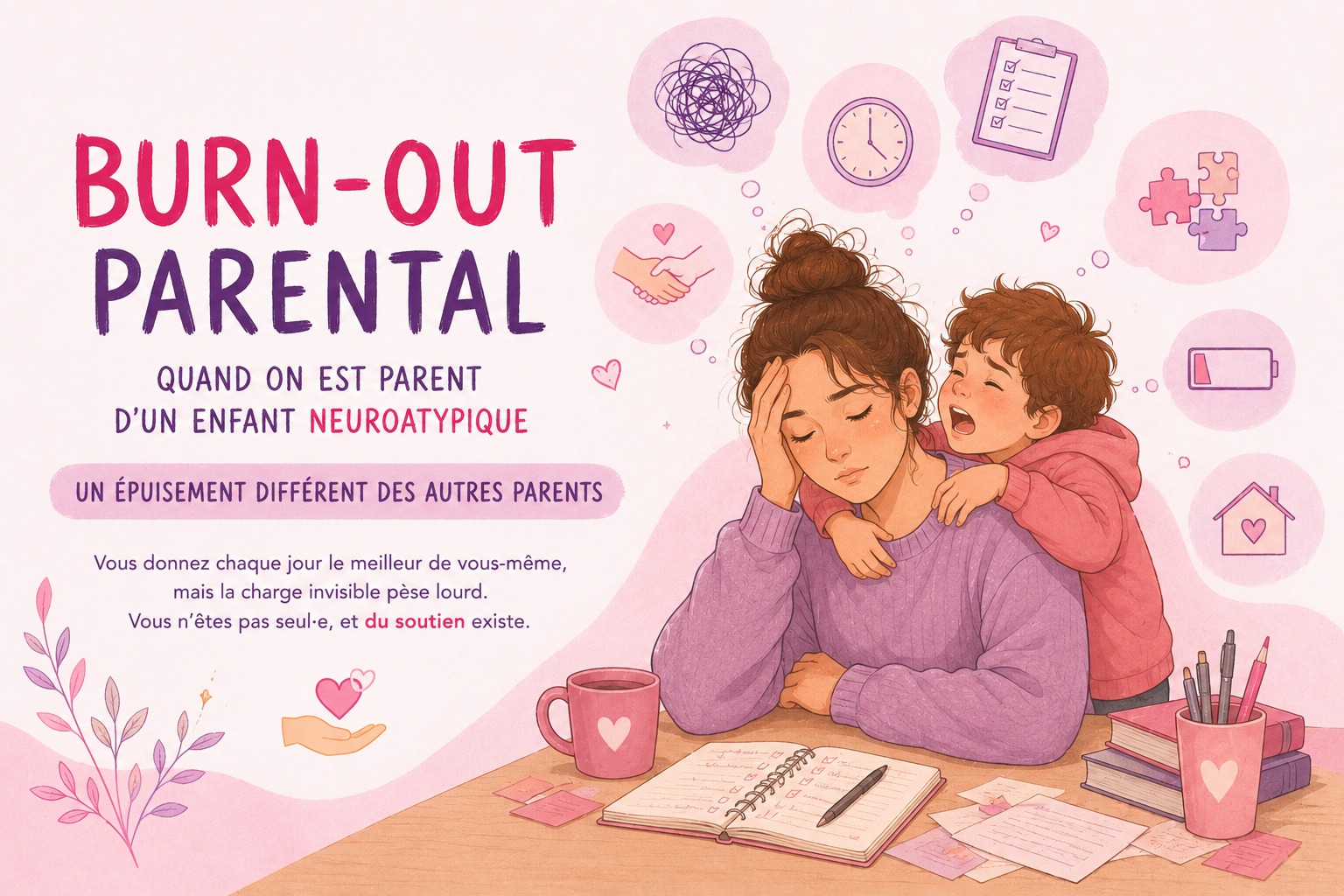 Illustration d'un emère épuisée tenant sa tête, avec son enfant sur ses épaules, représenatant le burn-out parental chez les parents d'enfants neuroatypiques (TDAH, TSA, troubles Dys, TND).
