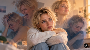Illustration photographique d'une jeune femme blonde montrant différentes émotions, évoquant l'intensité émotionnelle et l'instabilité affective associées au trouble borderline.