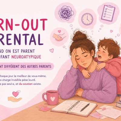 Illustration d'un emère épuisée tenant sa tête, avec son enfant sur ses épaules, représenatant le burn-out parental chez les parents d'enfants neuroatypiques (TDAH, TSA, troubles Dys, TND).