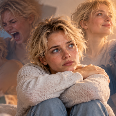 Illustration photographique d'une jeune femme blonde montrant différentes émotions, évoquant l'intensité émotionnelle et l'instabilité affective associées au trouble borderline.